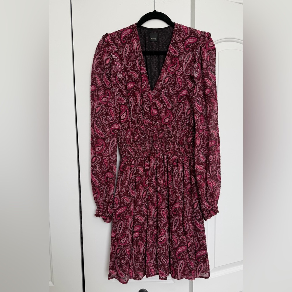 PINKO purple, pink paisley smock dress , v neck
, pull on. , long sleeves